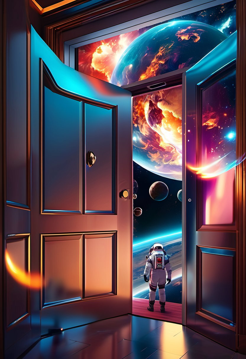 Cinematic Photography Wide-angle digital painting, (Room behind full-body interior door leading to cosmic heaven: 1.3), Dynamic composition, Glowing celestial lights, (Epic cinematic shot: 1.2), Characters in space suits, Floating spheres, (Vivid space colors: 1.2), Ethereal atmosphere, Starry sky and nebulae, Enhanced clarity, Exquisite details, Trending on ArtStation. 35mm photography, film, bokeh, professional, 4k, highly detailed