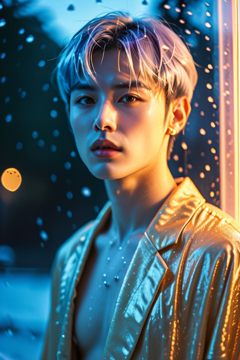 1 male man solo, A Chinese man with short platinum hair, evening, light, smoky, wearing a thin layer of silk-textured gold dress, upper body, shot with a 200mm lens, f2.0 aperture, cool, high Cold, ice-cold, (body facing the camera: 1.2)