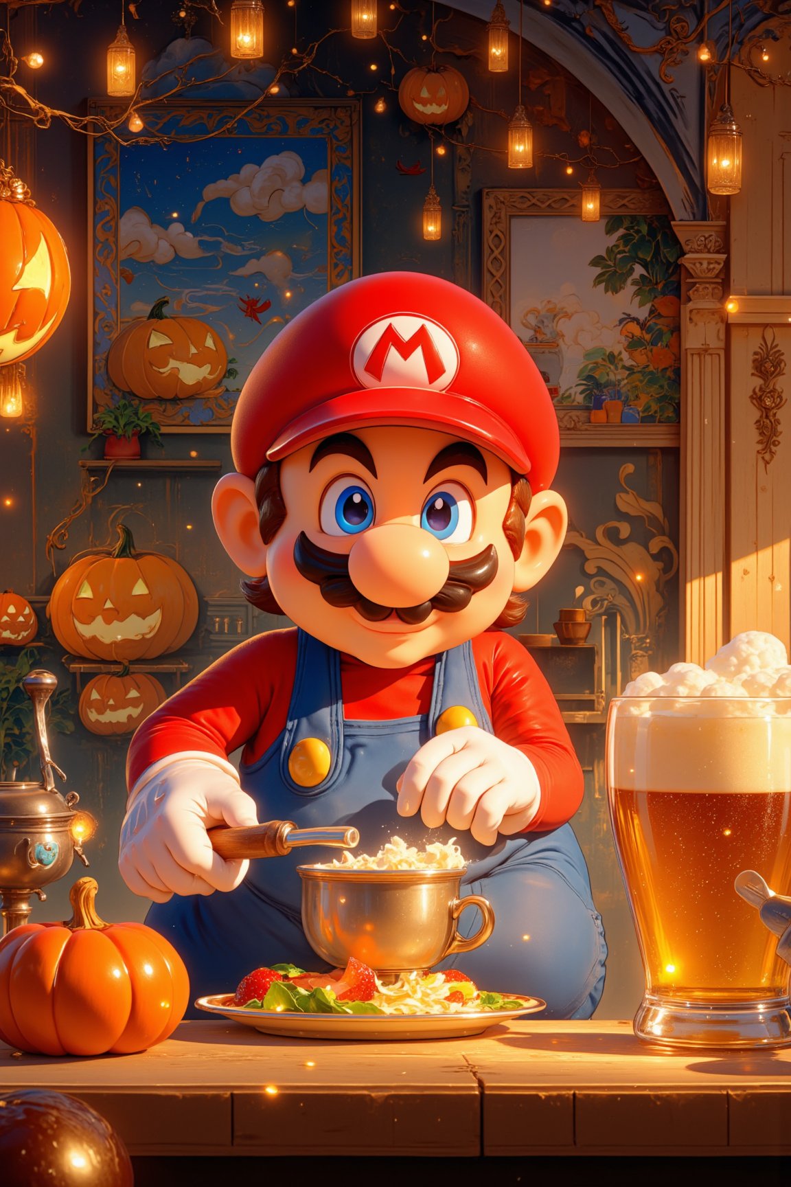 ((masterpiece, best quality)),(complex light),trending, high quality, realistic, intricate detailed, graceful and beautiful textures,16K,Generate hyper realistic image,trending features a fantastical,aurora lights,In Super mario has become a chef and is cooking party food.  Jack-o'-lantern stickers on the wall. The walls are decorated with paintings of wheat and beer, and there is even a beer on the table, Super Mario, sporting a bright, beaming smile and a small belly, red cap and blue overalls. anime-style elements blend seamlessly with 3D-rendered environments, created using Blender and photorealistic rendering at 1.4 resolution. The image is presented in RAW photo quality, with meticulous attention to detail and textures. 