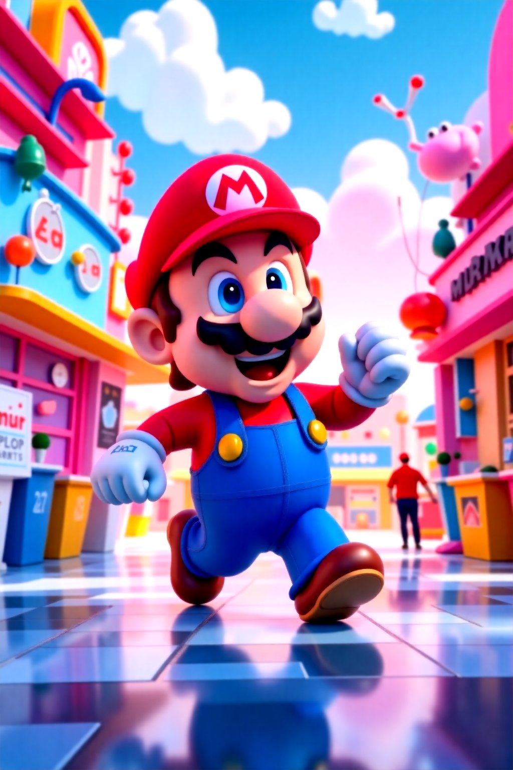 A joyful Super Mario, sporting a bright, beaming smile and a small belly, is in mid-run, his iconic red cap and blue overalls a blur as he dashes across the scene. In a vibrant, Pop Mart-inspired setting, colorful toys and anime-style elements blend seamlessly with 3D-rendered environments, created using Blender and photorealistic rendering at 1.4 resolution. The image is presented in RAW photo quality, with meticulous attention to detail and textures.