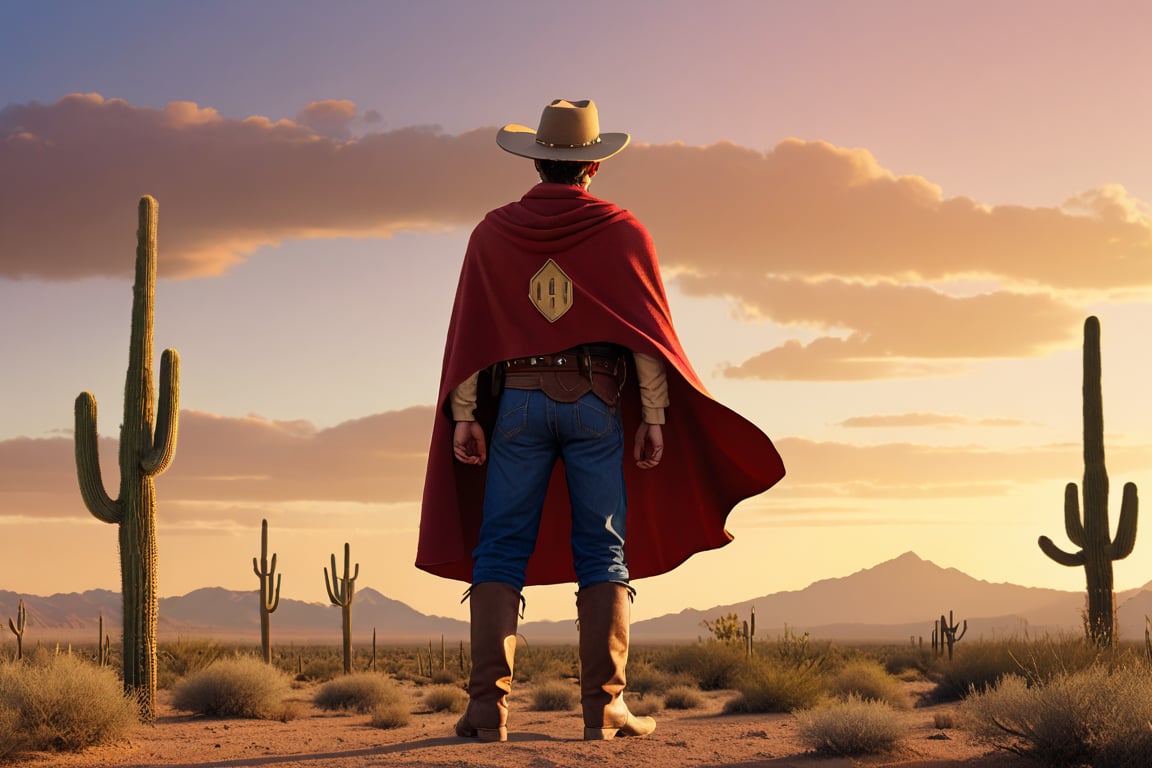 A cowboy Mario wearing a cape standing in the desert at sunset, with his iconic "M" hat and a confident and heroic expression, hands on his waist ready for action. The background is a vast desert landscape with isolated cacti and tumbleweeds under the golden hour light, high quality full-body illustration inspired by the classic video game character, dynamic pose, adventurous mood, detailed textures on clothing and environment, vibrant colors of the sunset, sharp focus on the character.,L&Y