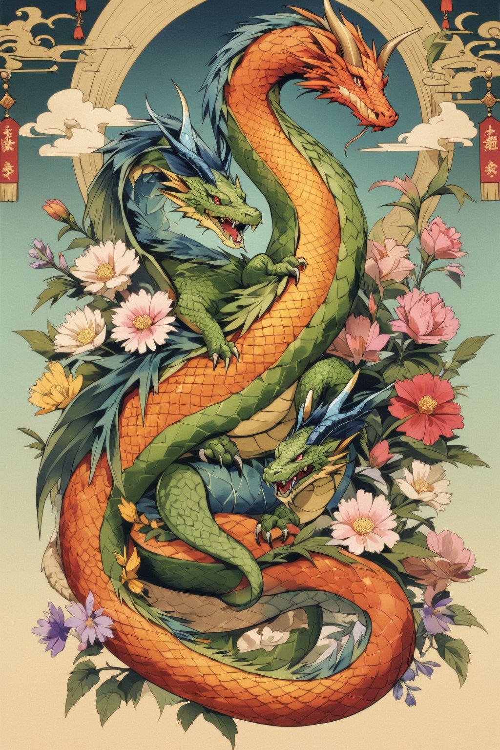 a chinease dragon surrounded by flowers, the dragon has a long body akin to a snake, his long body curls forming a elegan image, the dragon skin is scaled, the dragon has a beautiful color, the dragon has horns, (elegant),traditional chinease image aesthetic,mytological creature