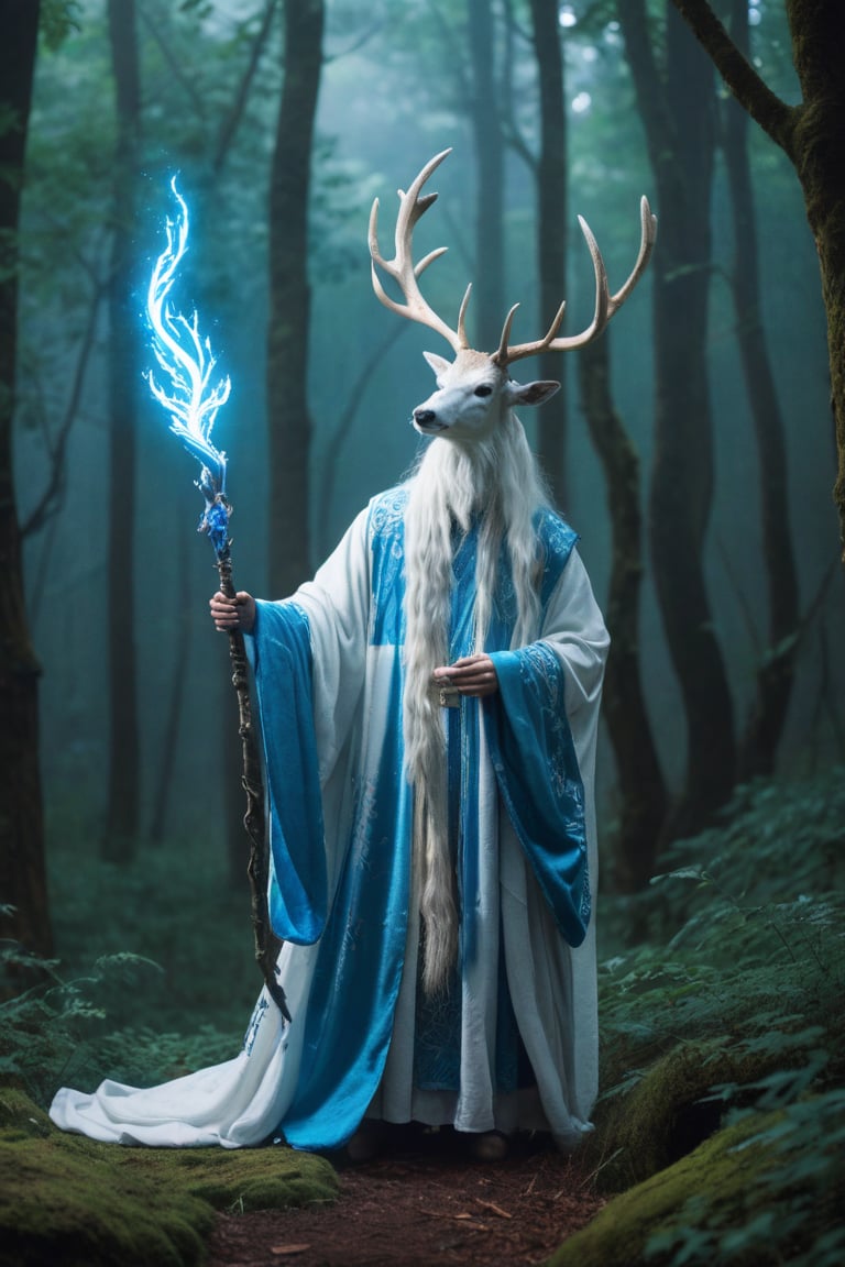 score_9,score_8_up,score_7_up,score_6_up,score_5_up,score_4_up,(A white deer with long white hair stands in the forest, wearing a blue ancient robe and holding glowing magical staff,The deer is surrounded by blue leaves with a fantasy style and mysterious atmosphere,Cinematic light effects are used to portray the natural environment,The long shot photography captures the scene in the style of fantasy:1.2),rain,hknature,(masterpiece:1.1),highly detailed,sharp focus,dynamic lighting,panorama,full_shot,incredibly absurdres,absurdres,huge filesize,wallpaper,Side camera,