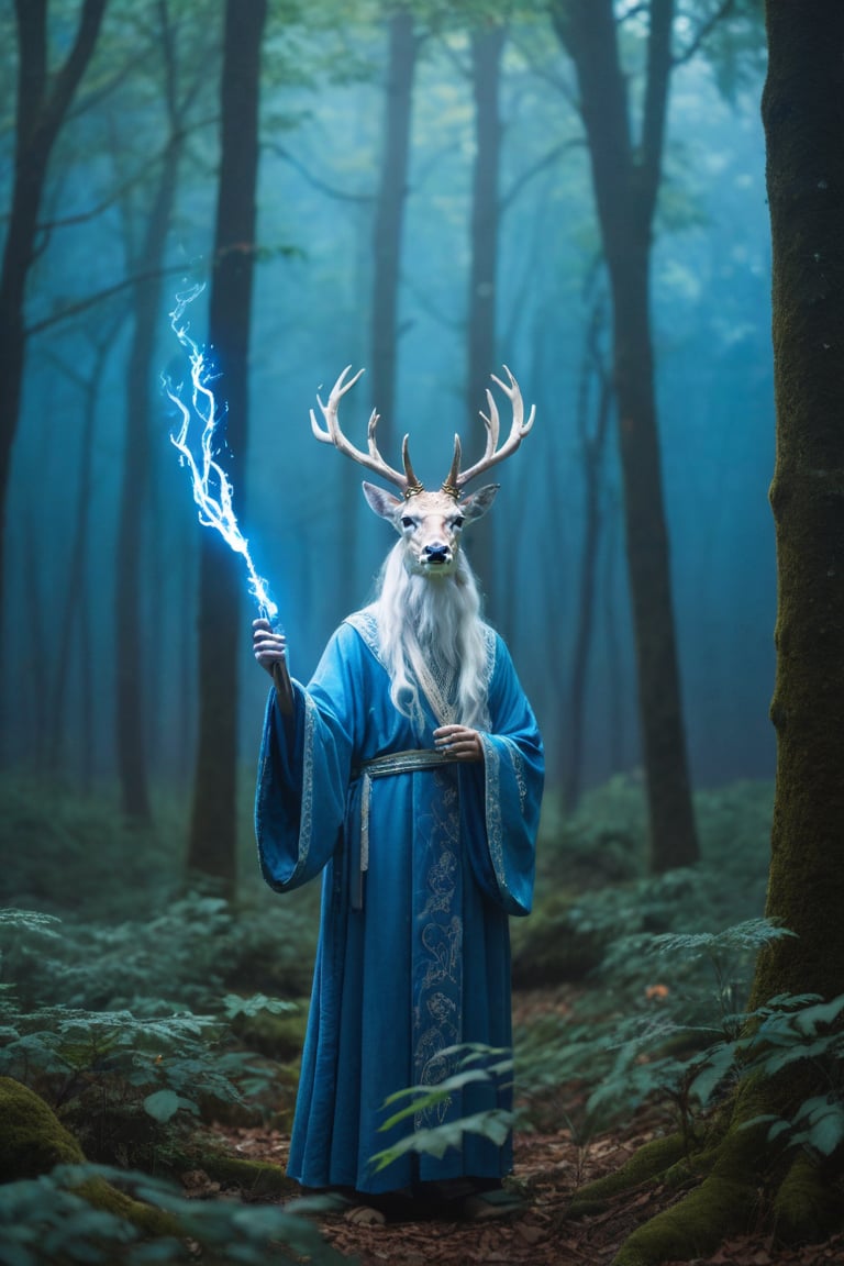 score_9,score_8_up,score_7_up,score_6_up,score_5_up,score_4_up,(A white deer with long white hair stands in the forest, wearing a blue ancient robe and holding glowing magical staff,The deer is surrounded by blue leaves with a fantasy style and mysterious atmosphere,Cinematic light effects are used to portray the natural environment,The long shot photography captures the scene in the style of fantasy:1.2),rain,hknature,(masterpiece:1.1),highly detailed,sharp focus,dynamic lighting,panorama,full_shot,incredibly absurdres,absurdres,huge filesize,wallpaper,Side camera,