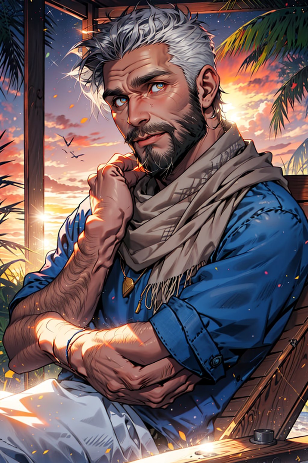 (medium shot close-up:1.2),straight on and bilaterally symmetrical,(upper body:1), at dusk with starlight and sunset, (a rugged and strong 40-year-old american man with beard and, on the lounge chair),he have silver-white color fade haircut,（gold color eyes pupils）, sharp dasdain eyes and warm smile. wrapped brown scarf and wearing a blue shirt bare chest. put two hands on the chair armrests (red shy cheeks