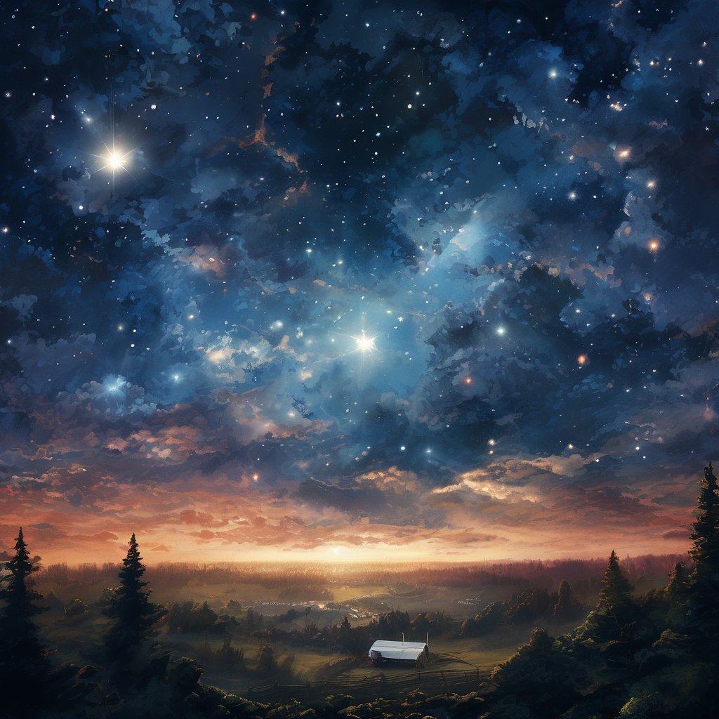 Dawn, intricate, recognizing the land, into the forest, only light of the stars, wonderful sky, view from the low, deep background, cinematic light. dynamic light,noc-space