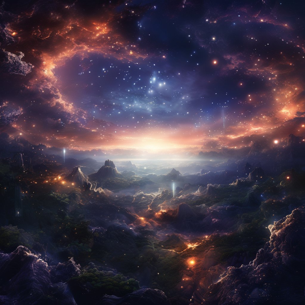 Dawn, intricate, recognizing the land, into the forest, only light of the stars, wonderful sky, view from the low, deep background, cinematic light. dynamic light,noc-space