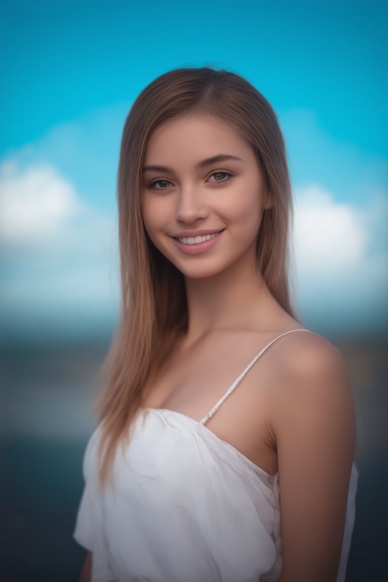 Byzantine girl with blue sky and white clouds background, sexy outfit, upper body, front view, (Masterpiece, Top Quality, Top Image Quality, Official Art, Aesthetic and Beautiful:1.2), (1girl:1.4), white beautiful skin, smiling face, portrait, extreme color, highest definition, simple background, 16K, high resolution Perfect Dynamic Composition, Bokeh, (Sharp Focus:1.2), Ultra Wide Angle, High Angle, High Color Contrast, Medium Shot, Depth of Field, Background Blur,,itacstl,poakl girl,Realistic Enhance,noc-portrait