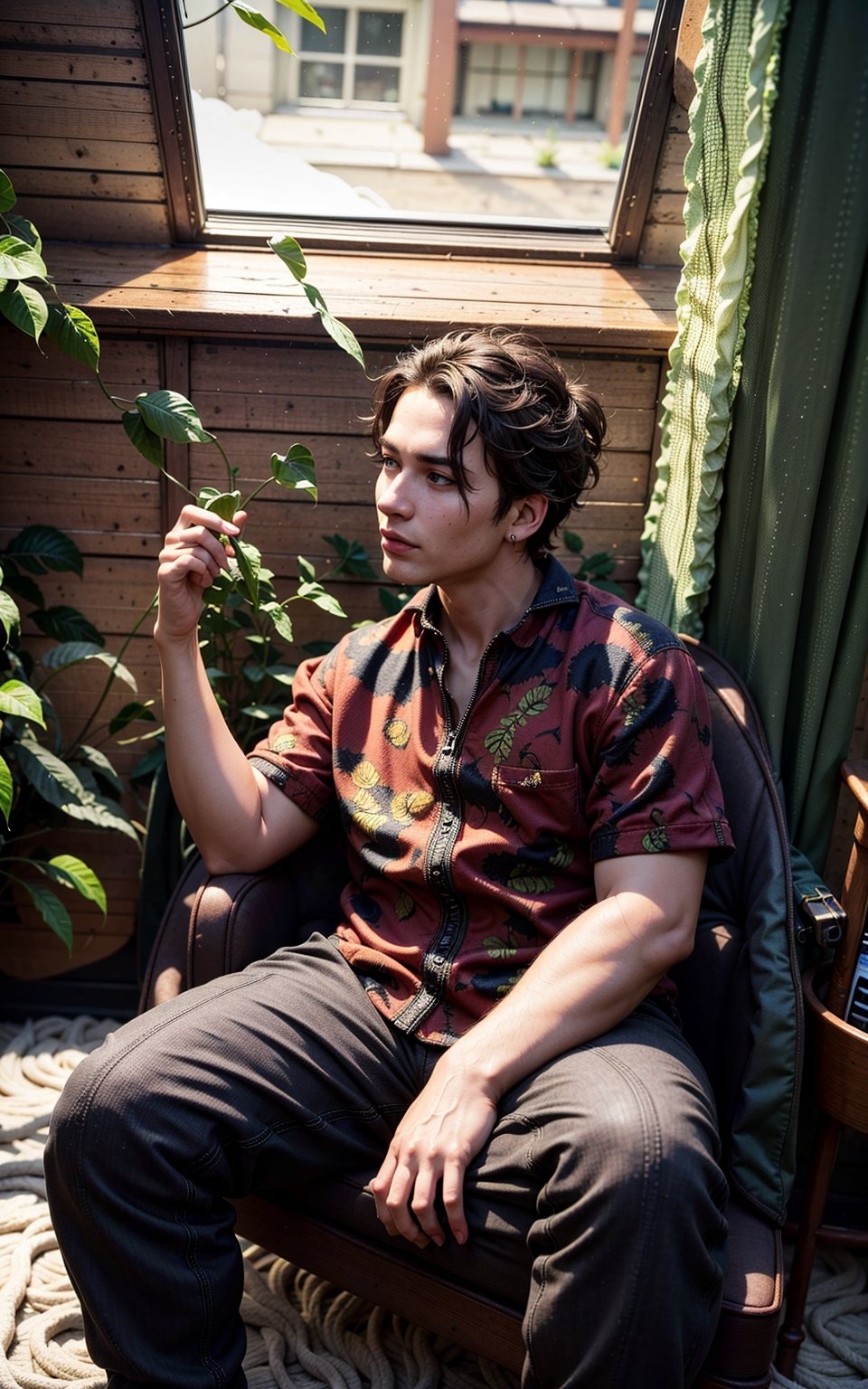 4k, (masterpiece, best quality, highres:1.3), ultra resolution, intricate_details, (hyper detailed, high resolution, best shadows),

1boy, sitting on a leather chair, in a room with large windows, looking_left, wearing a flowral pattern shirt and a pant, earrings, silky_hair, plants, foliage, soft_lighting, curtains, ,yeonyuromi,More Detail,perfect