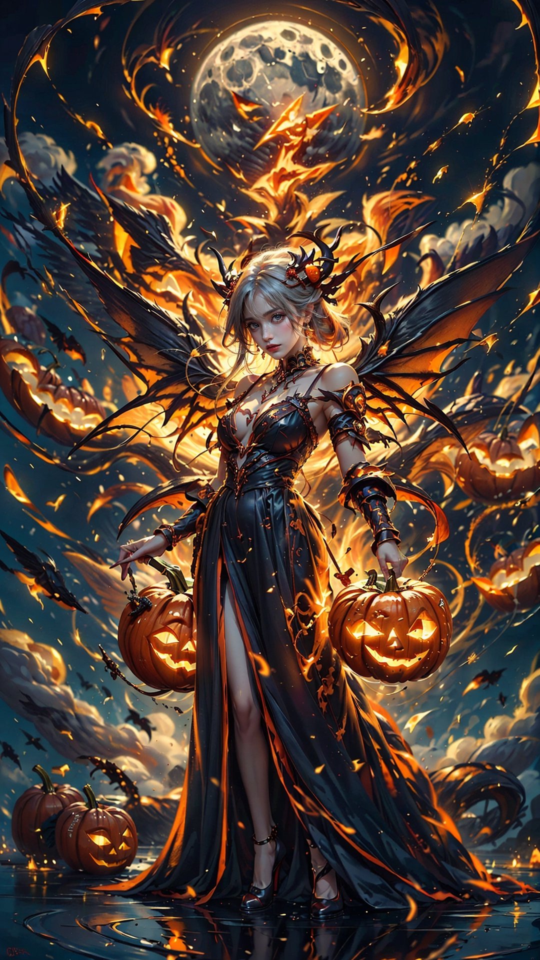 (masterpiece, best quality), Unity 16k wallpaper, (ultra-detailed), beautiful and aesthetic, fairy god of death, fox ears, demonic horns, ((demonic wings)), standing, full body, cinematic lighting, (((many many flying jack-o'-lantern))), night moon, ((lightning)), magic red gold dress of the goddess,huoshen