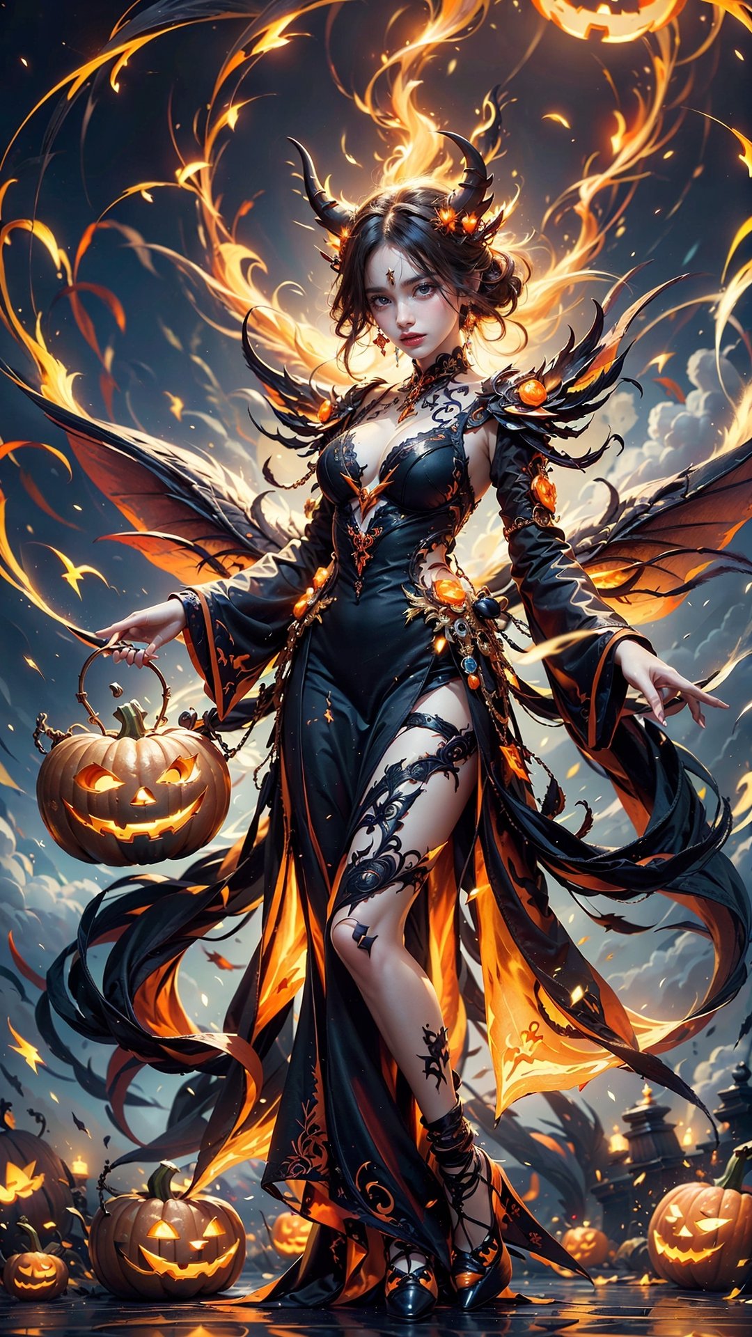 (masterpiece, best quality), Unity 16k wallpaper, (ultra-detailed), beautiful and aesthetic, fairy god of death, fox ears, demonic horns, ((demonic wings)), standing, full body, cinematic lighting, (((many many flying jack-o'-lantern))), night moon, ((lightning)), magic red gold dress of the goddess,huoshen