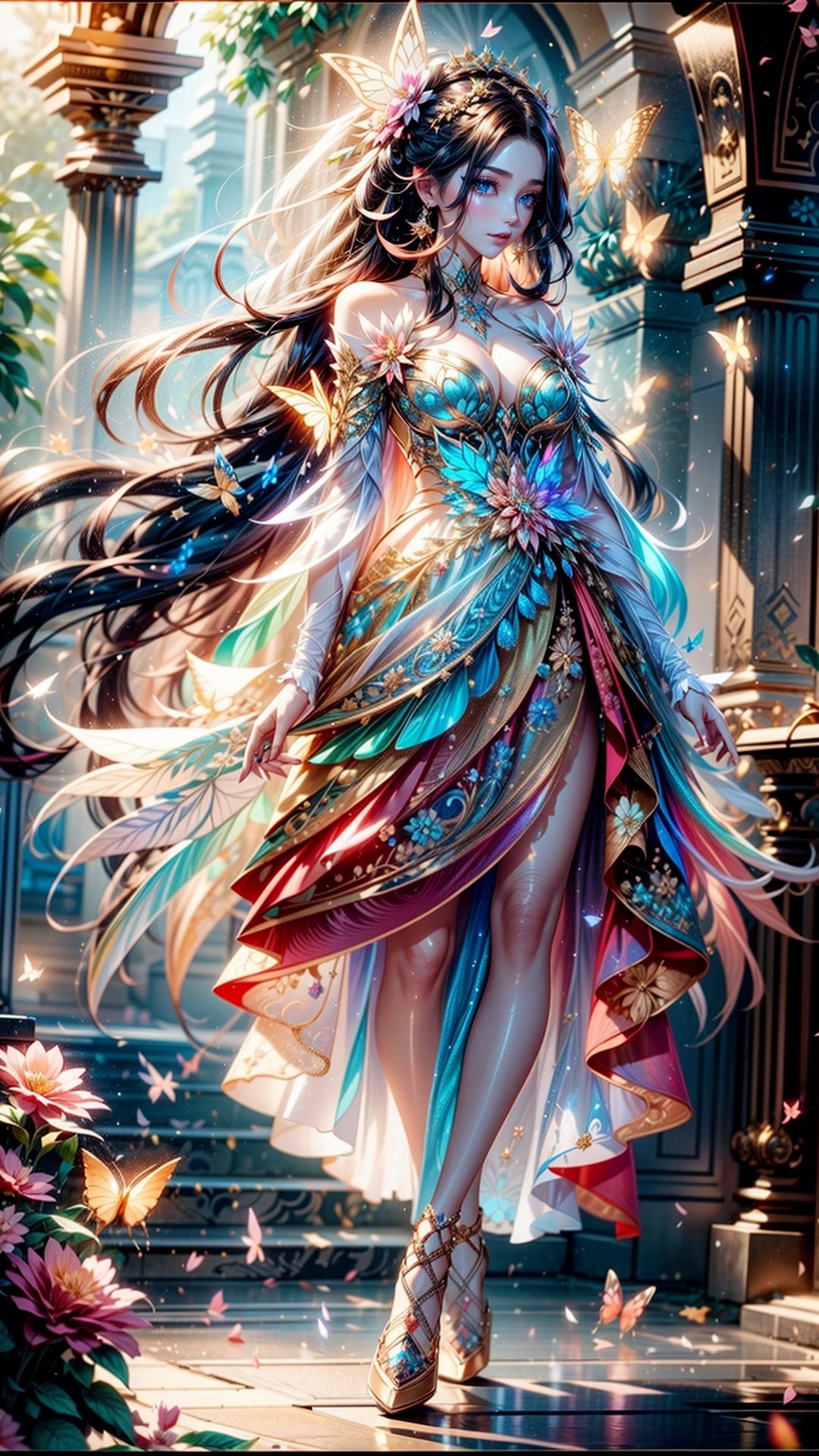  young woman with beautiful blowing hair and mesmerizing eyes, wearing a flowing red gold dress made of petals, in a serene garden (filled with blooming flowers), a representation of beauty and grace, charming, cute, beautiful, ultra detailed, dream like shot, 8k, sunset, ((holographic))), (((rainbowish))), expressive, cinematic, dynamic pose,midjourney, fullbody, many many glowing colorful butterflies