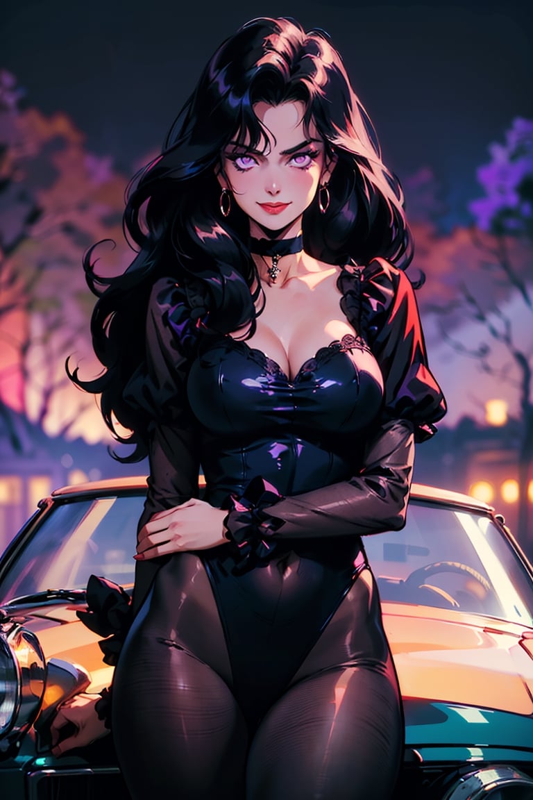 (masterpiece),  (best quality:1.6),  (victorian clothes, choker), (dark_black long hair:1.3), (longhairstyle:1.4), pale skin, (violet eyes:1.3), ((1 mature woman:1.3)), (busty), large breasts, best quality, extremely detailed, HD, 8k,1 girl,yuzu, ((cruel_smile)), ((evil eyes)), dark scenery, victorian background ,retro