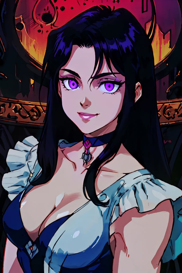 (masterpiece),  (best quality:1.6),  (victorian clothes, choker), (dark_black long hair:1.3), (longhairstyle:1.4), pale skin, (violet eyes:1.3), ((1 mature woman:1.3)), (busty), large breasts, best quality, extremely detailed, HD, 8k,1 girl,yuzu, ((cruel_smile)), ((evil eyes)), dark scenery, victorian background ,retro,1980s \(style\)