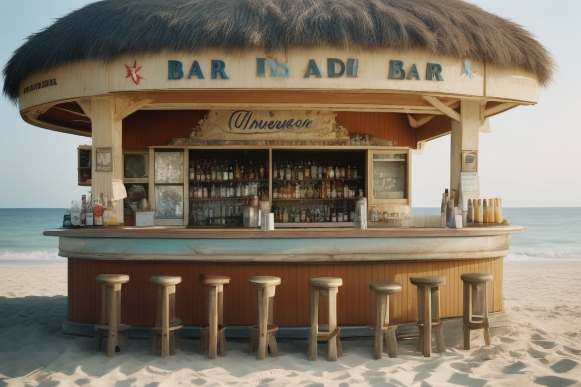 An amazingly detailed up close beach bar. Taken with a Hasselblad medium format camera with a 100mm lens. Unmistakable for a photograph. Cinematic lighting. Photographed by Tim Walker, trending at 500px niji 5