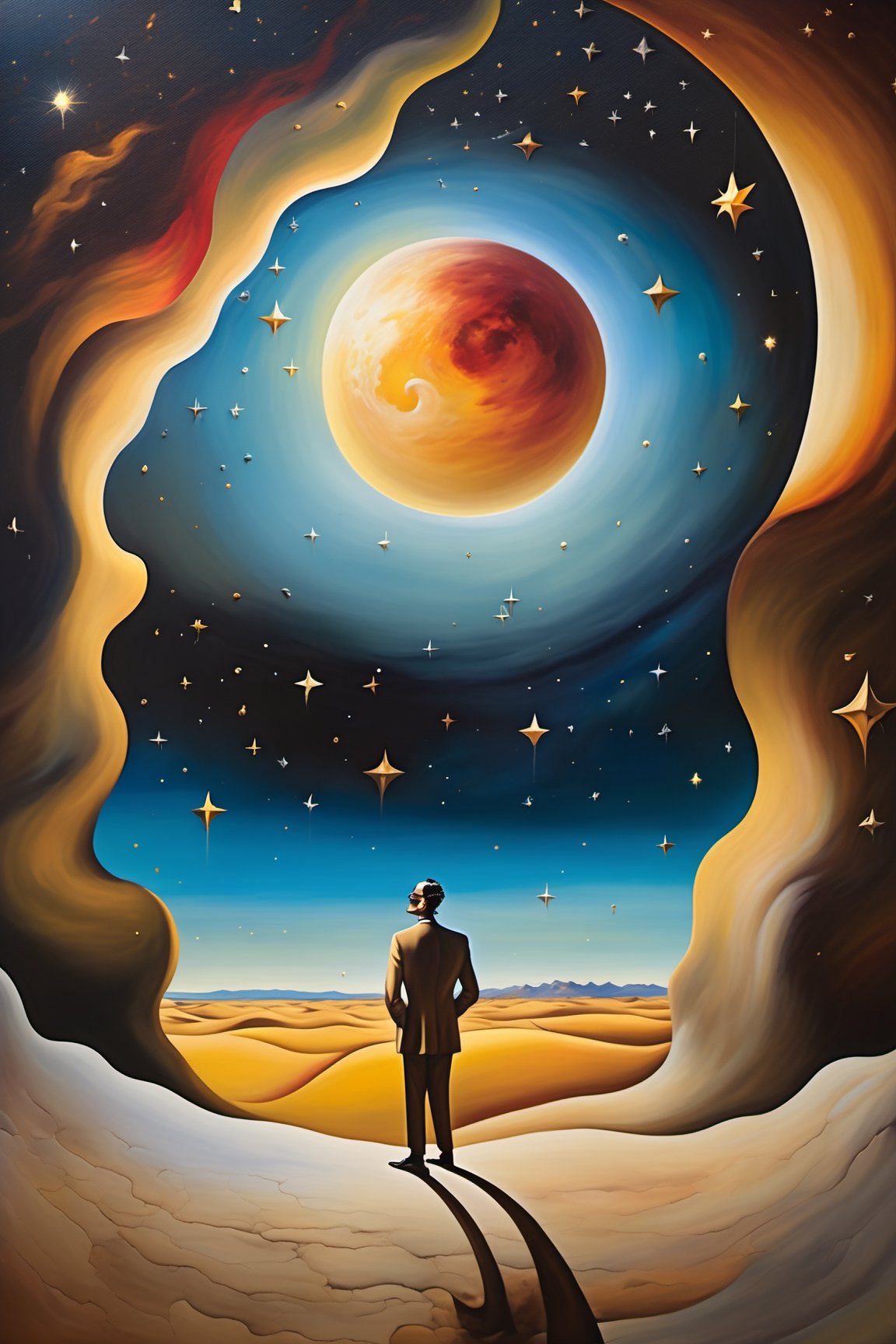 (((Artistic Masterpiece))) (((Salvador Dalí Style))) (((Oil Painting))) A man looking up at the sky, in a full-length shot, on a desert plain at night with a full moon and a sky filled with stars. The image should evoke the unique abstract and surrealistic style of Salvador Dalí, represented as if it were painted in oil, with a worm's-eye view perspective and using natural light from the moon and stars. (((Intense Emotion))) (((Vivid Colors)))