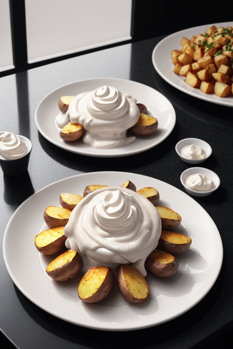 Detailed photograph of a white medium plate of patatas bravas, soaked in spicy sauce, with uniform mayonnaise on top, placed on a black granite bar table with small white tones, in a traditional setting. Shot with a high-resolution DSLR camera, 50mm lens, sharp focus on the potatoes, f/2.8 aperture to softly blur the background, illuminated with soft natural light and an additional light source to avoid harsh shadows in 3D style