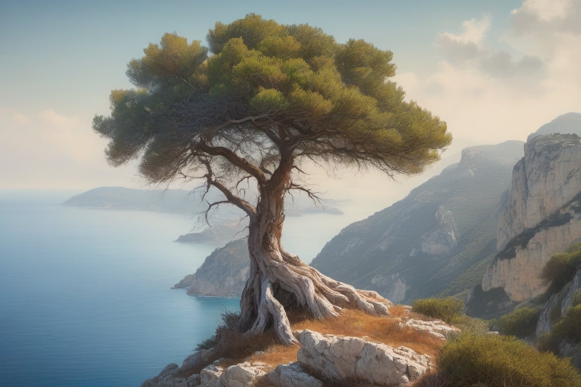 Un árbol sentado en la cima de un acantilado junto al océano, Una pintura mate detallada, by Antoni Pitxot, Shutterstock, realismo, Costa croata, Foto de archivo, Pinares, Foto hiperrealista