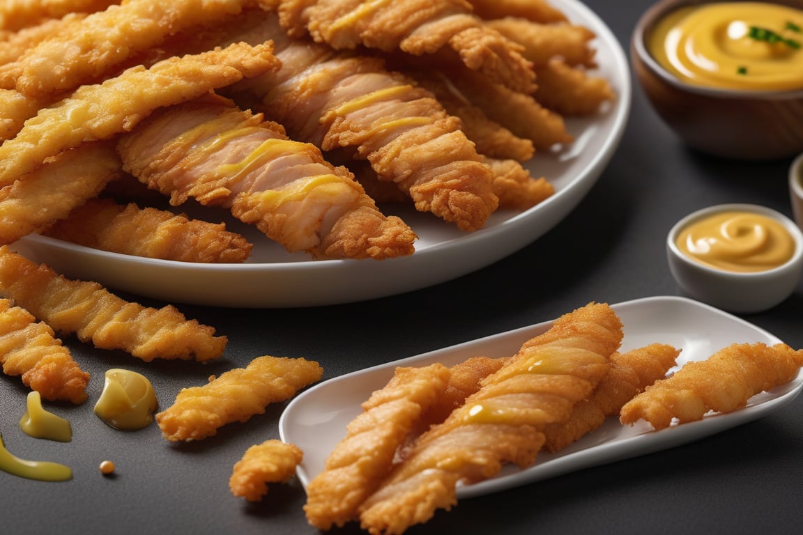 (((hyper realistic food detail))) (((extreme realistic texture detail))) (ultra-thin chicken strips, cut in varying lengths, with detailed shadows) (masterpiece, highest quality), (realistic, photo_realistic:1.9), ((Photoshoot)) Realistic photograph of extremely thin strips of breaded and fried chicken breast, cut in varying lengths, served on a normal ceramic plate, with mustard sauce in a small bowl on the side. The strips are arranged uniformly but with varying sizes. The photo is taken on a black granite bar table with small white tones. The image is captured with a full-frame camera, using a 100mm f/2.8 soft focus lens, under soft natural light coming from a window, sharp focus, 8k, UHD, high quality, intricate detailed, highly detailed, hyper-realistic