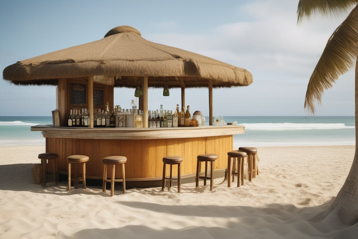 An amazingly detailed up close beach bar. Taken with a Hasselblad medium format camera with a 100mm lens. Unmistakable for a photograph. Cinematic lighting. Photographed by Tim Walker, trending at 500px niji 5