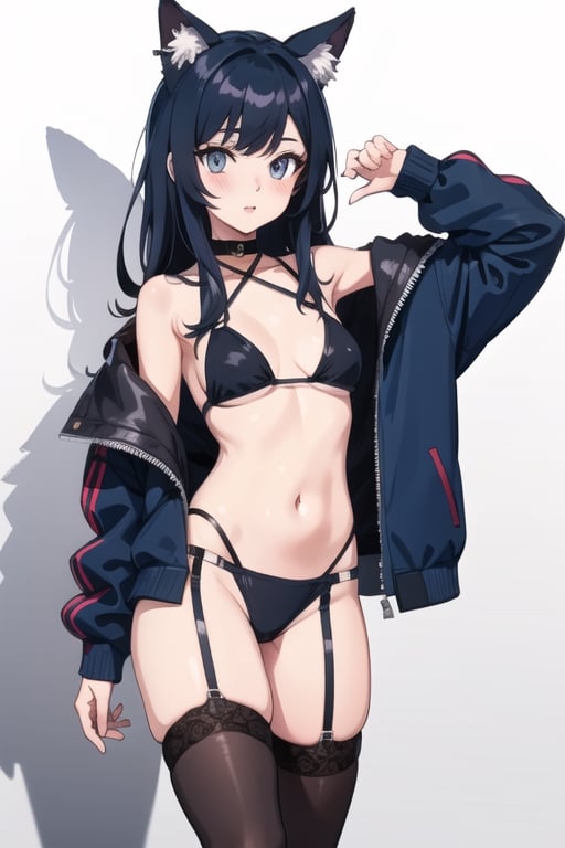 Goth Catgirl loli, sexy, standing, bikini, stockings, jacket