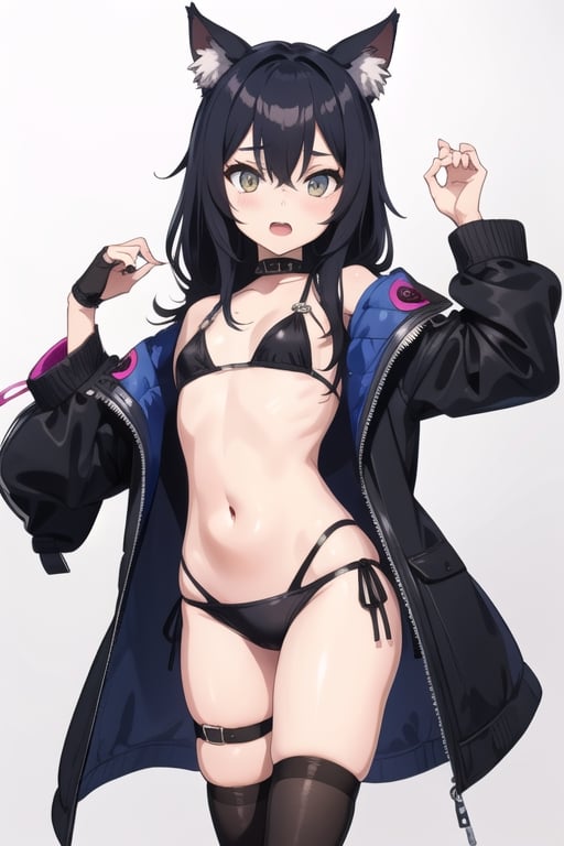 Goth Catgirl loli, sexy, standing, bikini, stockings, small jacket