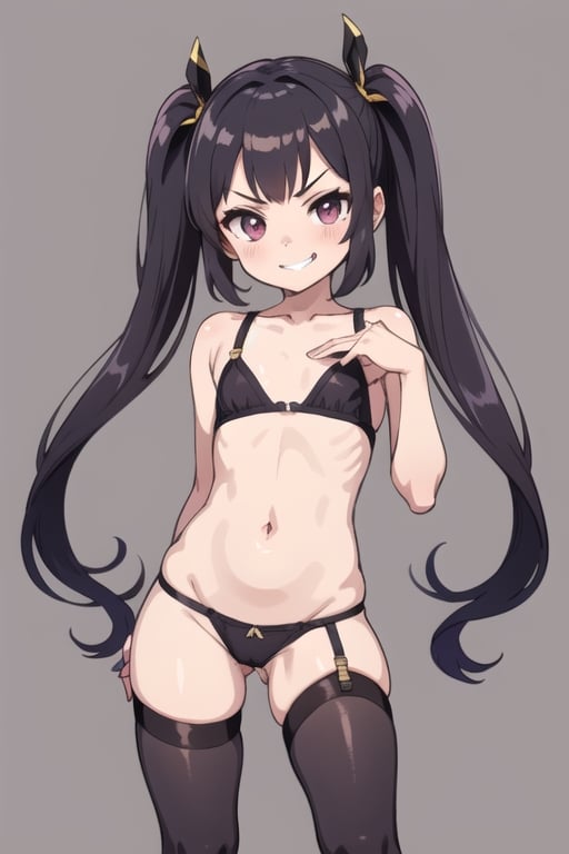 (((Loli))), (((short girl))), (((small girl))), cocky, confident, brat, smirk,tiny thong, twin tails, stockings, tiny bra,