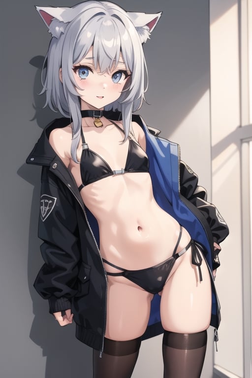 Goth Catgirl loli, sexy, standing, bikini, stockings, small jacket