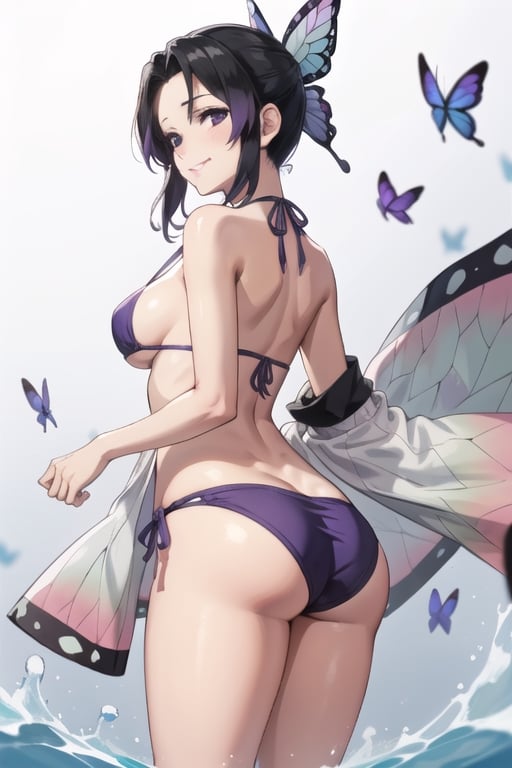 kochou shinobu, purple-bikini, dominant, smirk, sexy, standing over viewer, looking down, looking at viewer, boobs, ass