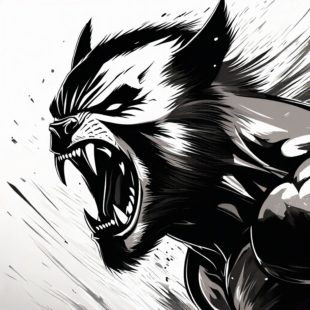 screaming angry wolverine  in black and white art style