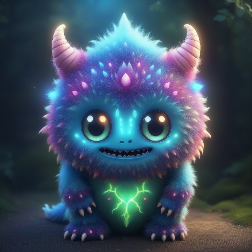 In monster art style, A mimic trunk and inside is a monster with lacy fur and glowing silver eyes,Cute Monster 