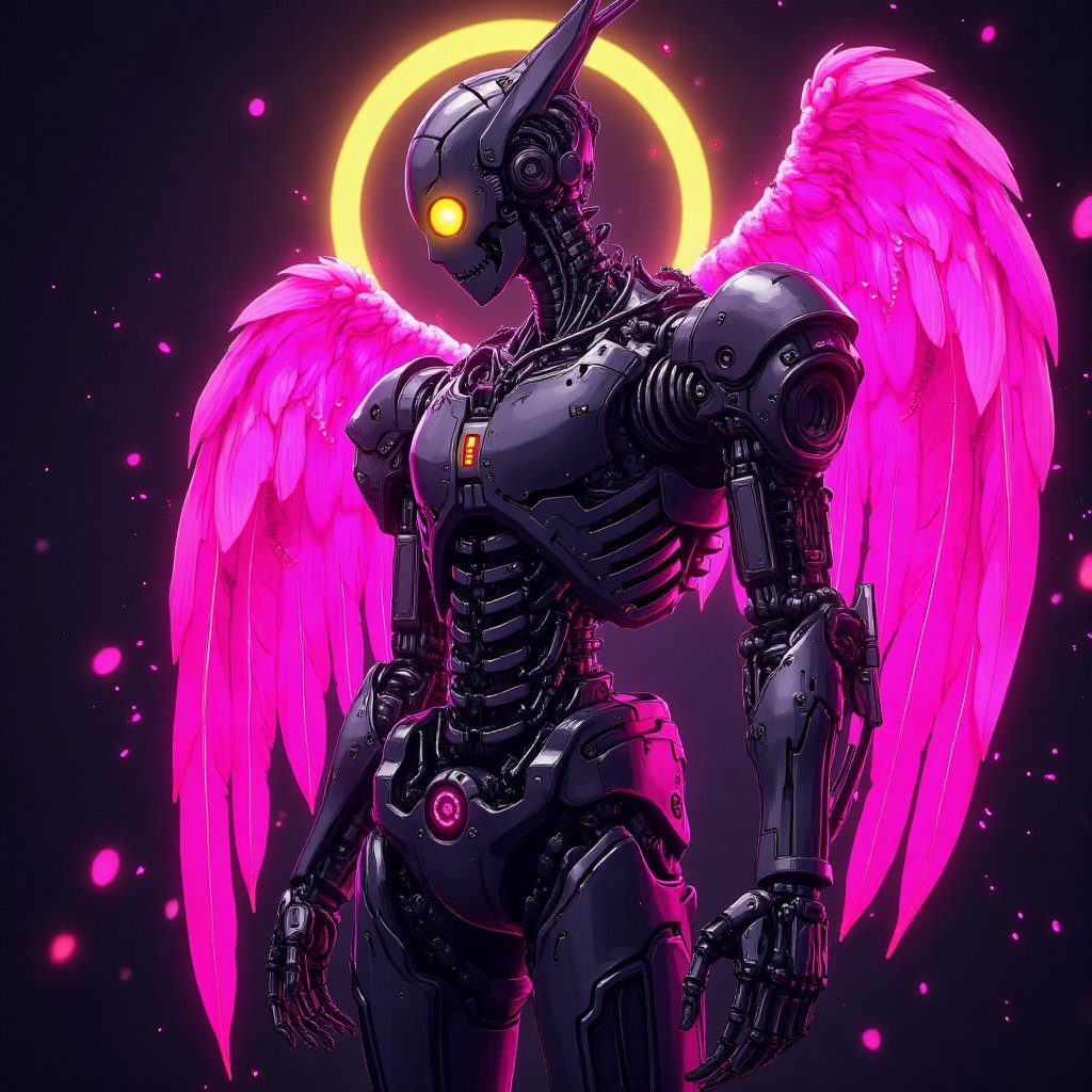 Angel Knight with pink black light-purple and glowing yellow color palette,  PTAIPsyberpunk,  Cyborg by Wild Rabbit on Ten...