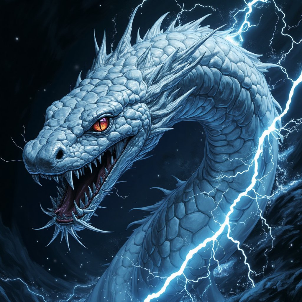 Thriller illustration, monster white electrified eel