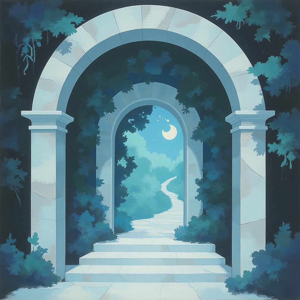 in dream art style, A marble white archway and within the door is a swirling elven fantasy