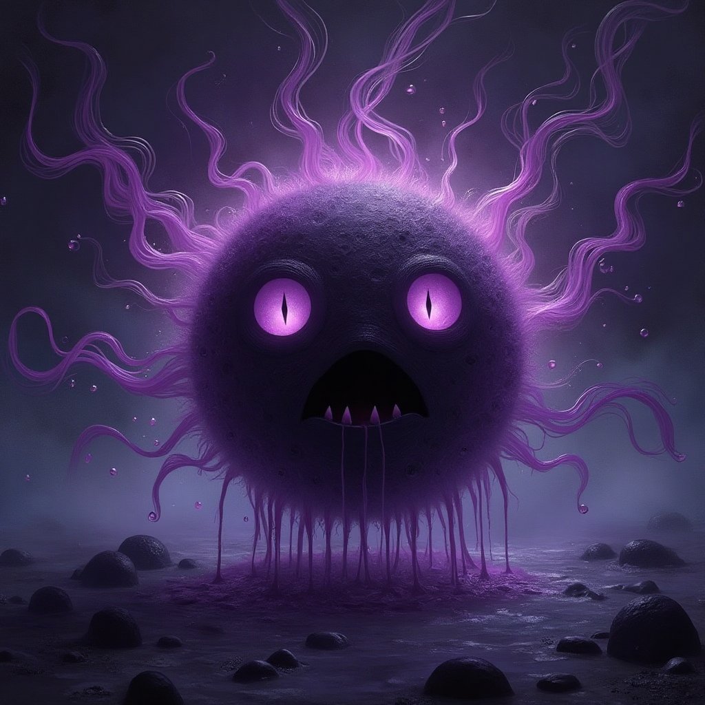 floating ball of gas with eyes and a mouth black and purple ghostly,Whimsical Kiko 