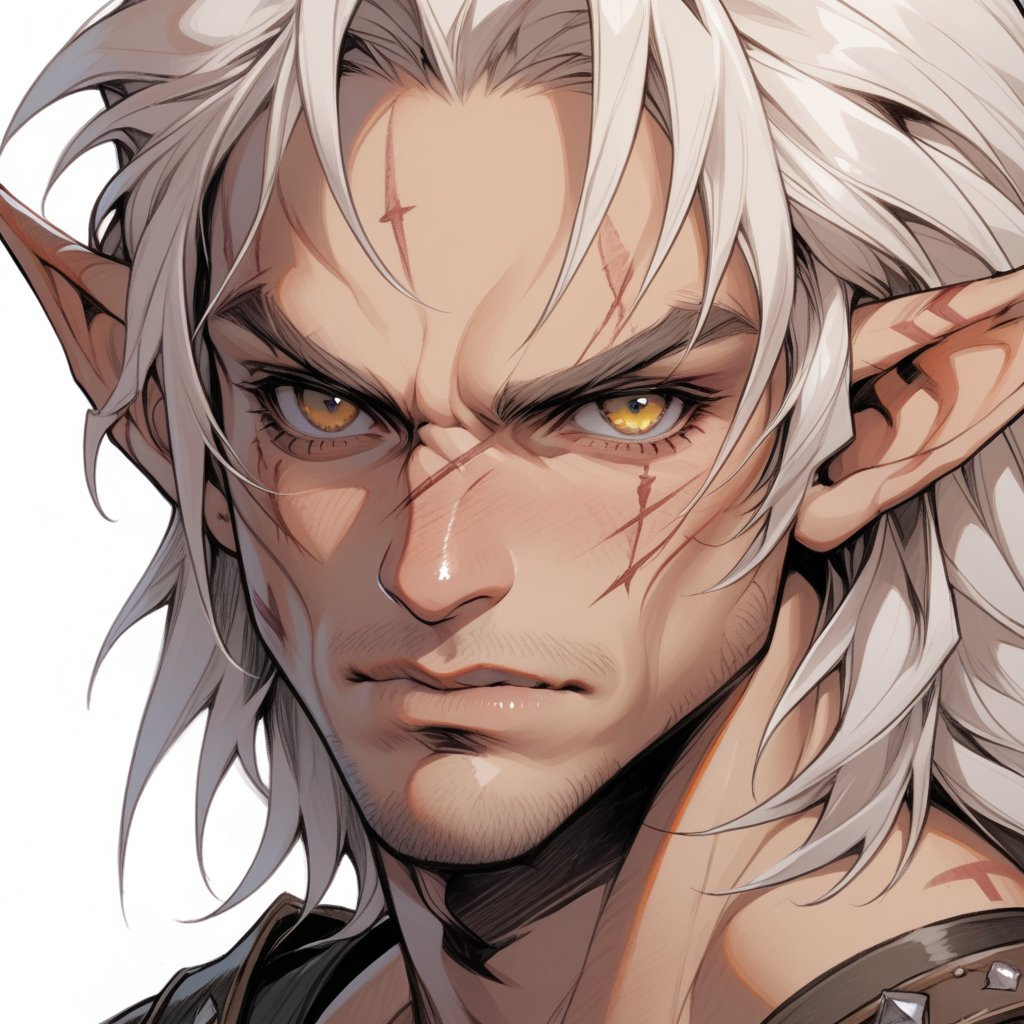 in Jagged Portrait art style, a rugged  half-elf with many small scars