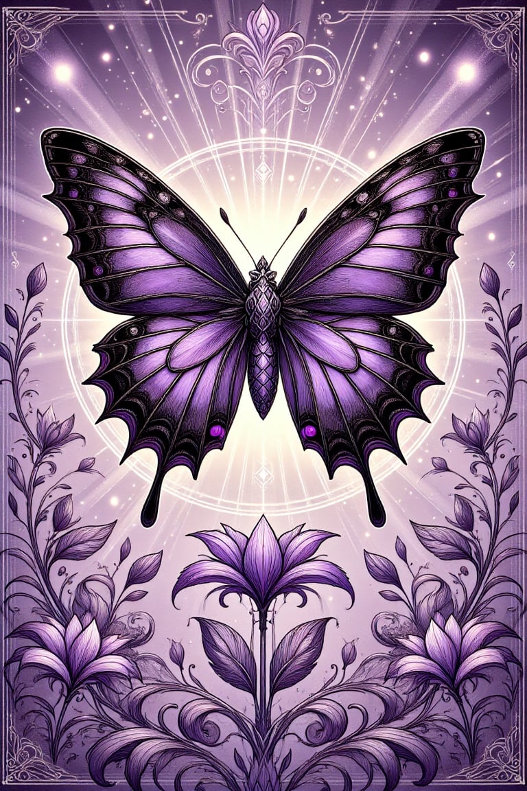 in card art style,  dark violet and white and black winged Butterfly creature flying over flowers draining them of their l...