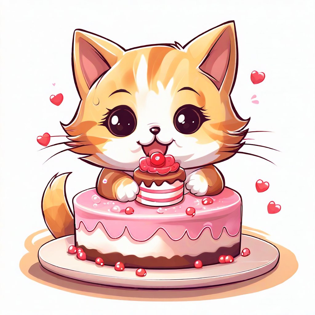 cat eating a cake  in kawaii art style