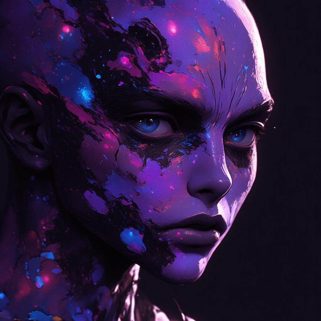 in dark and colorful art style, you have dipped into the mysteries of the universe and now your skin reflects that fact, nebula purple pink and sparkling blue-white with black holes