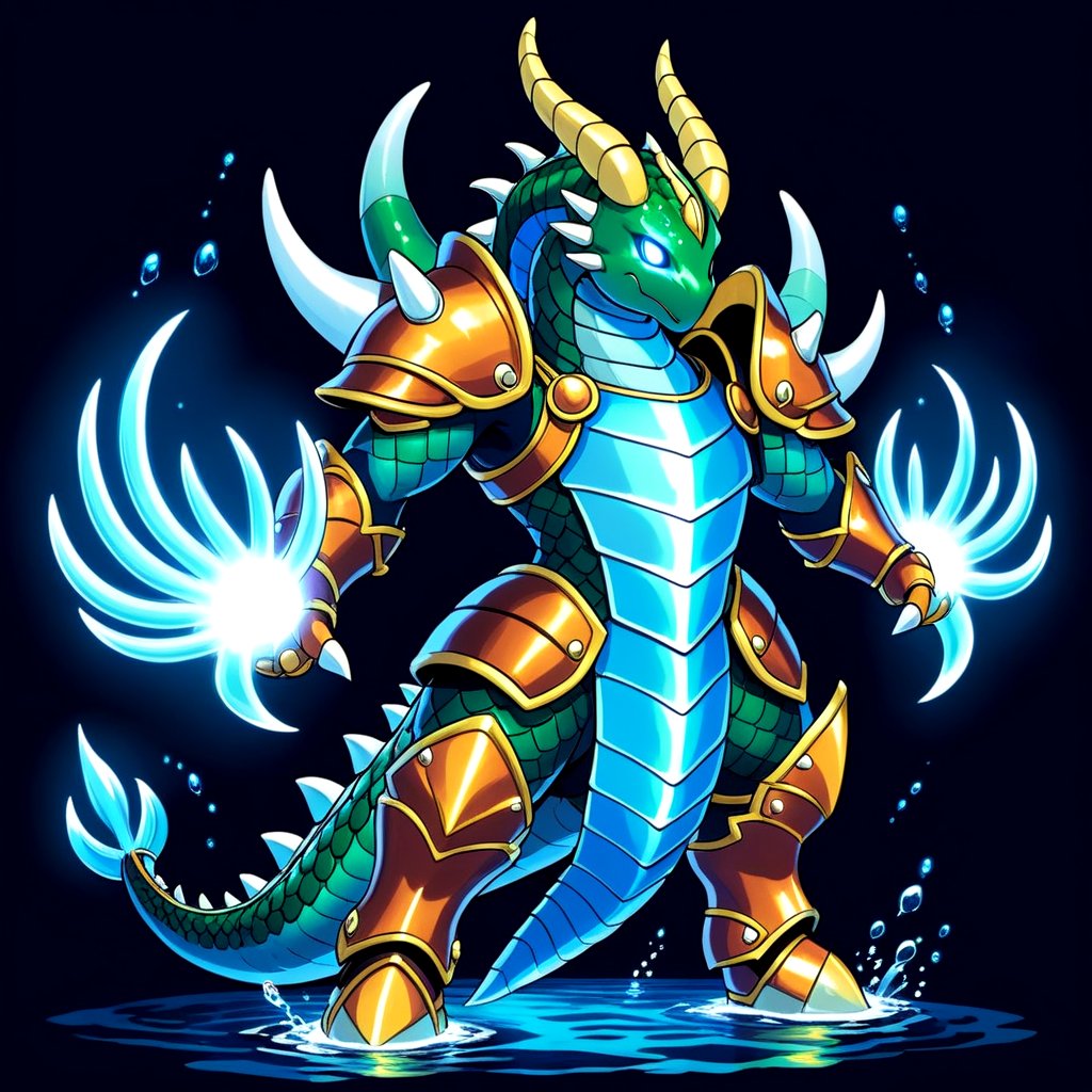 Glowing Mer Creature wearing  armor with large claws in dragon quest art style