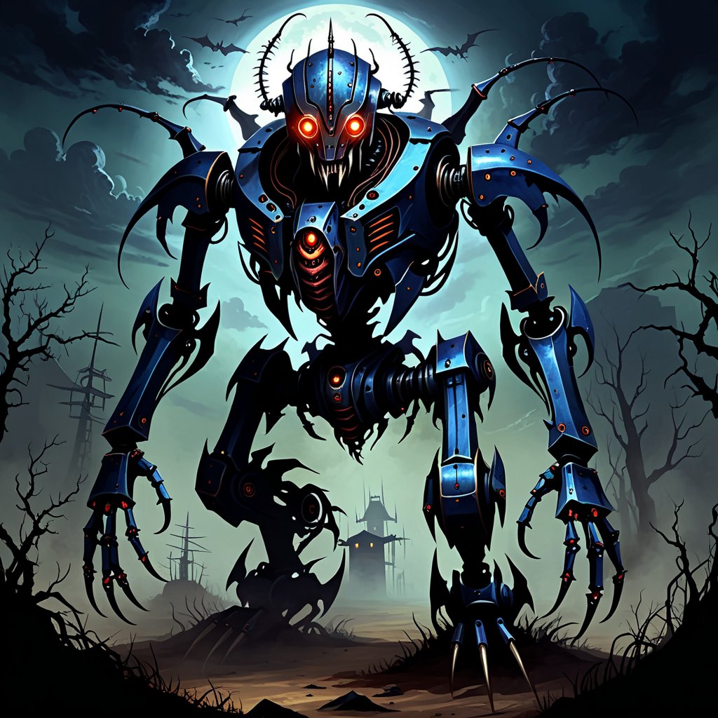 In robot art style, Ansuul the Tormentor, creature of nightmare, gloom, shadows and nightmares