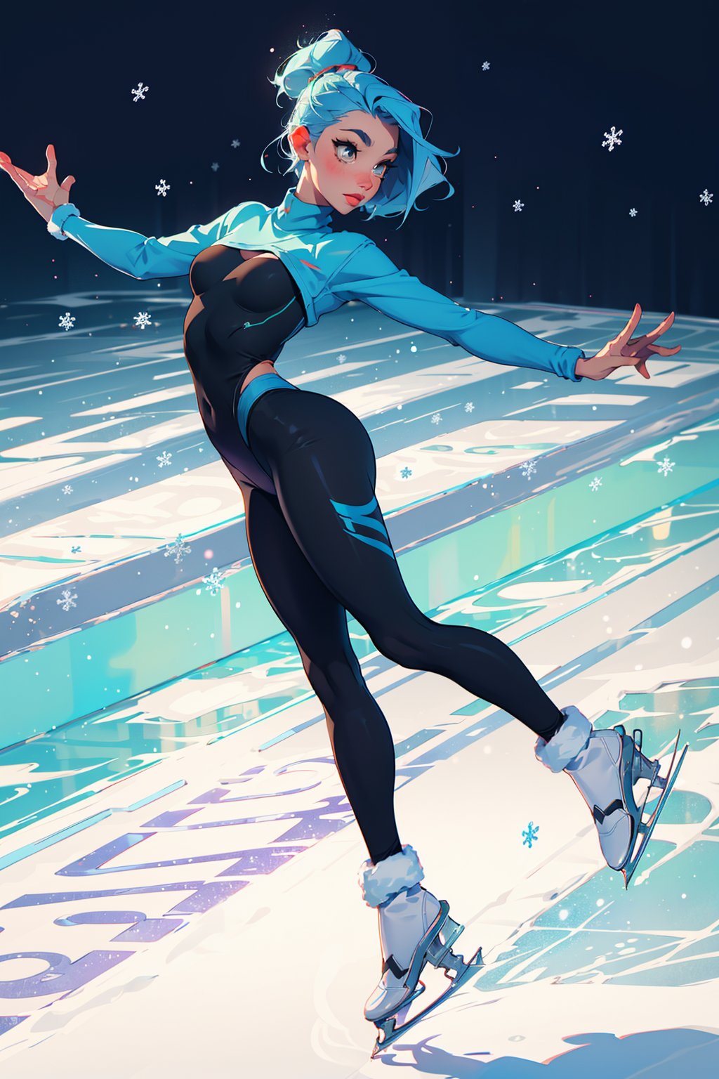 (Christmas background), (best shadow), 1woman, little-blue hair, long hair, past_the_weste, beautiful breast, ice-skating, black thick sweater, black tight-yoga pants, full_body 