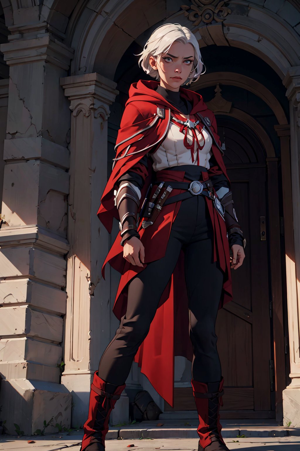 Highres, best quality, extremely detailed, horror style, area lighting, hourglass_figure, HD, 8k,1lady, white_hair, silver_eyes, short hair, past-the-neck, beautiful face, (assassin's creed), and (assassins-hoodie), (armor), (black and red-robes), (tight brown-pants), (black-military boots), 