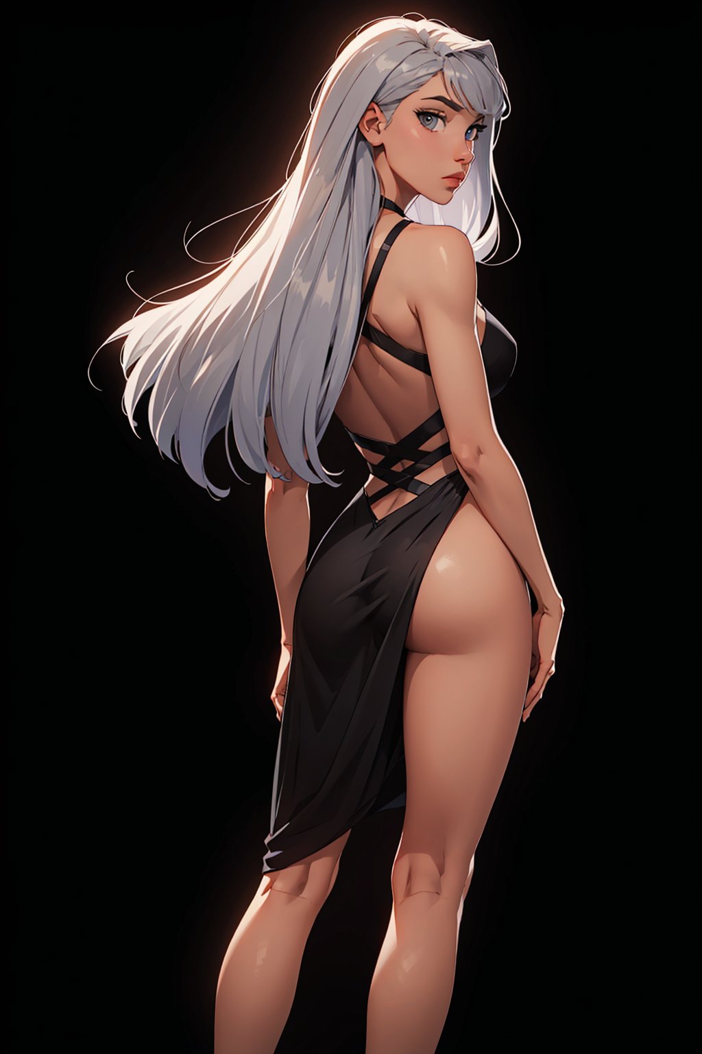 1woman, black background, long-hair, past-the-waist, gray hair with bangs, SXY Draped Criss Cross Dress, showing off her body, perfect body, perfect legs, perfect ass, perfect hands, seductive look, sexy eyes, looking at viewer, full_body,SAM YANG