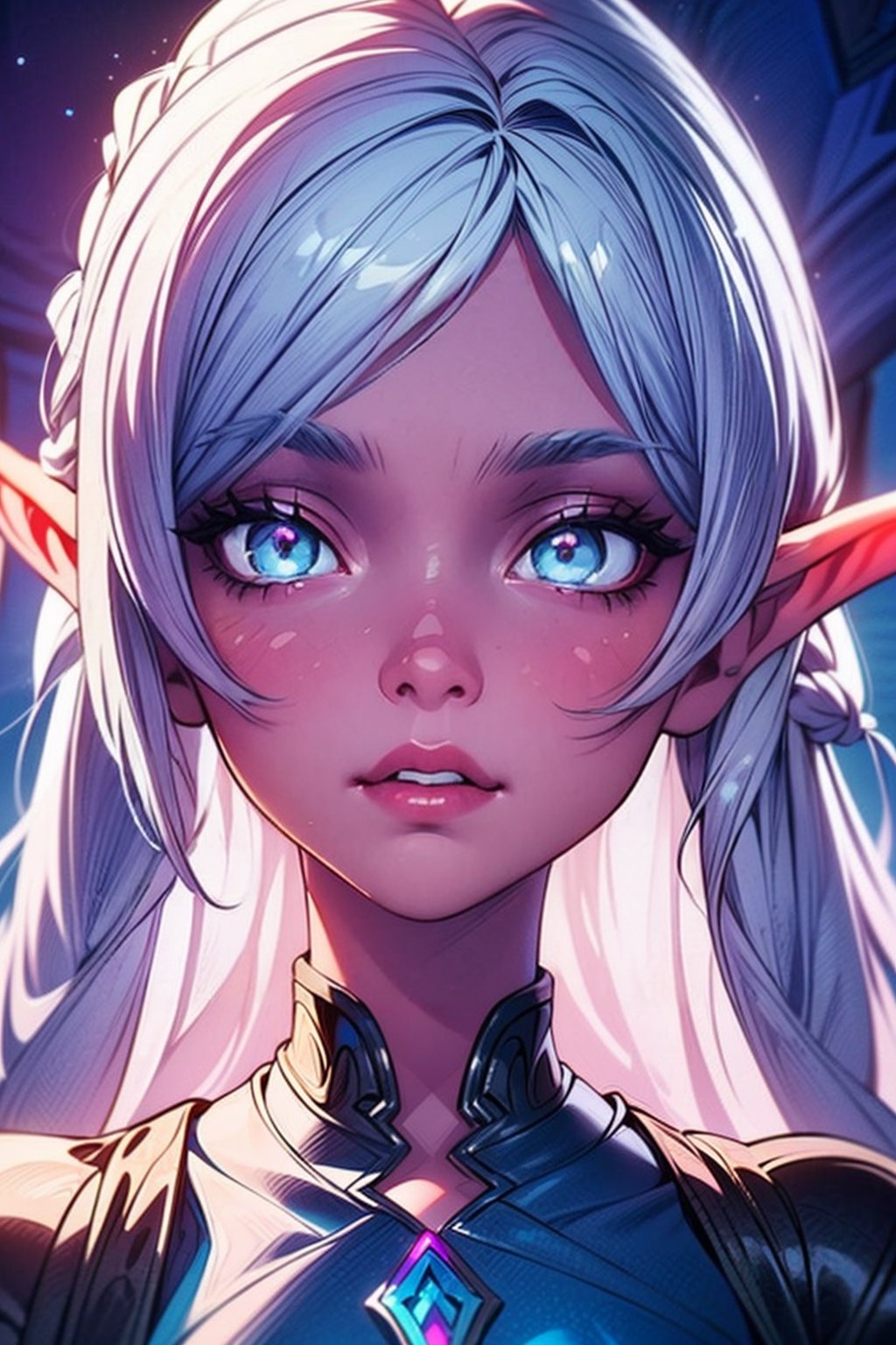 masterpiece,best quality,ultra-detailed),High detailed,picture perfect face, perfect ratio, upper_body, 1girl, white hair, braided_hair,AGGA_ST017, squinted eyes, ,nightelf, grey skin, blue eyes, white hair