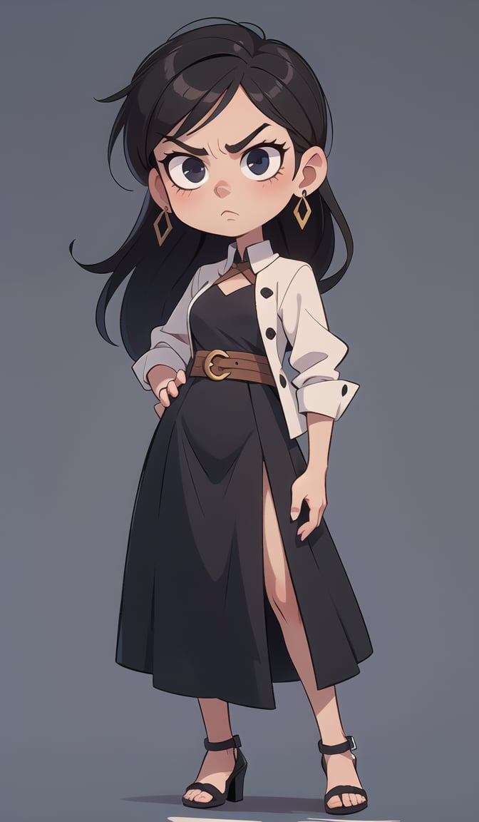 A beautifull girl, elegant clothes, dark autfit, full body, chibi, serious face, ebony