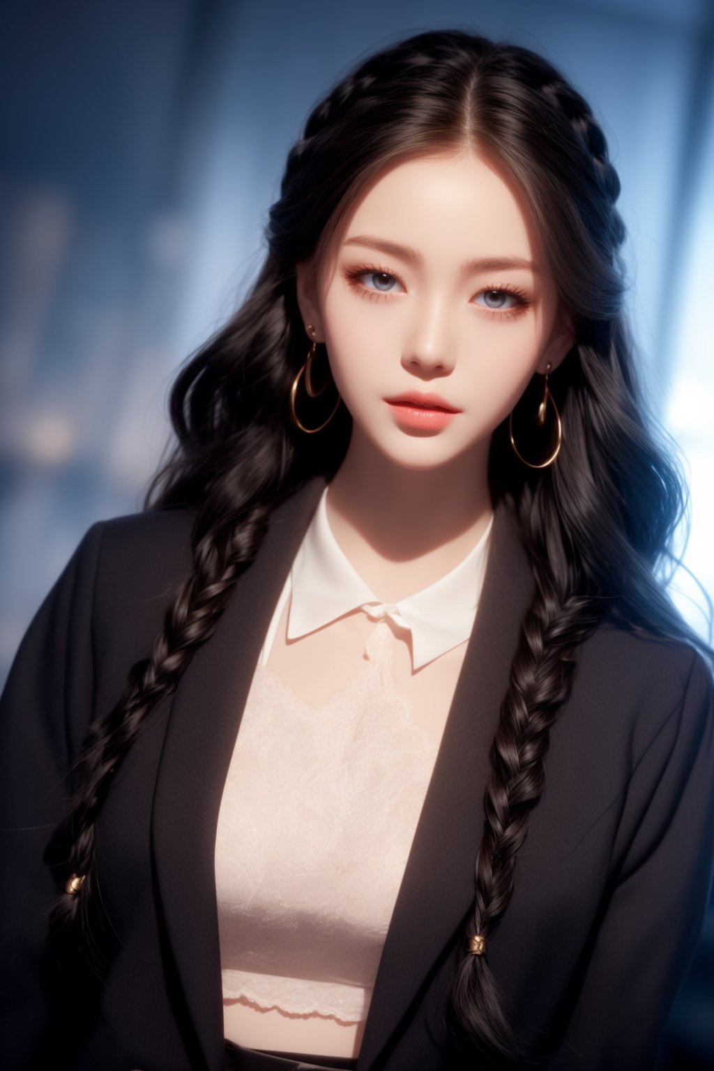 1girl, solo, looking at viewer, black braided hair, upper body, earrings, school uniform dress, villainess
