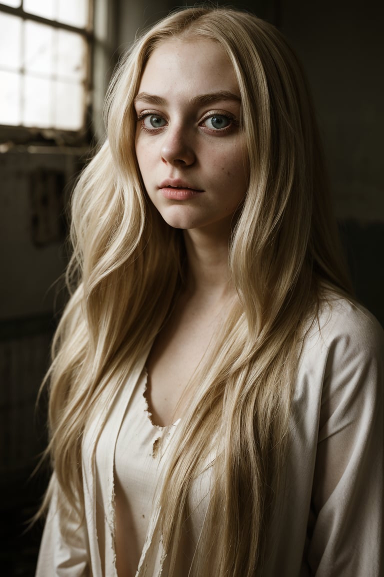 1 girl, alone, Realistic, blonde hair, long hair, Pale skin, long hair, big eyes, hazel, broken, dark circles, neglected. unkempt appearance, dirty and torn gown, old, dirty, dilapidated psychiatric hospital,