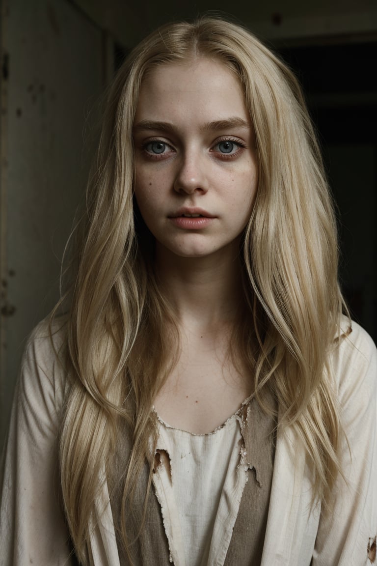 1 girl, alone, Realistic, blonde hair, long hair, Pale skin, long hair, big eyes, hazel, broken, dark circles, neglected. unkempt appearance, dirty and torn gown, old, dirty, dilapidated psychiatric hospital,