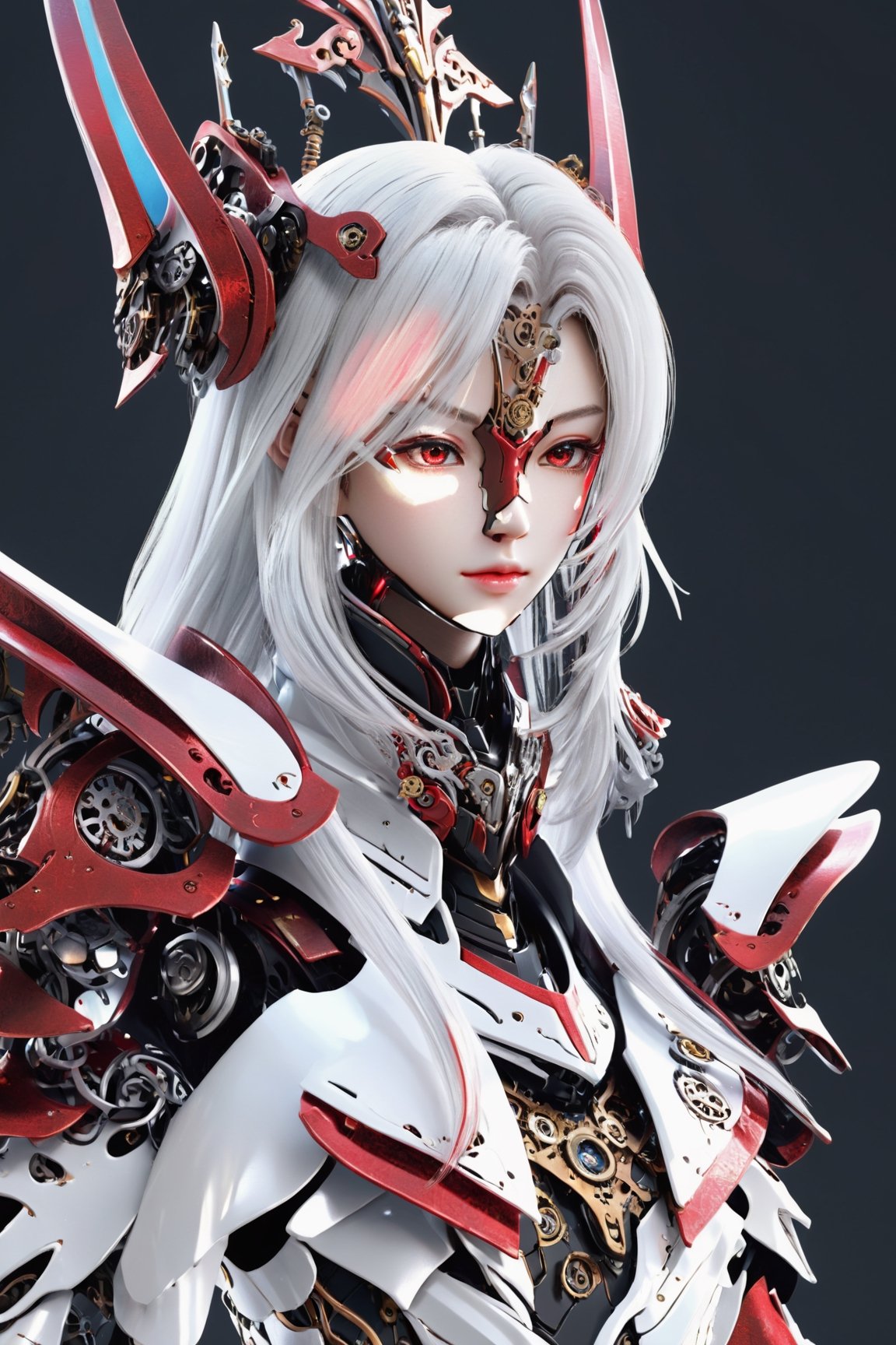 front_view, (1girl, looking at viewer), white long hair, black metalic mechanical_armor, dynamic pose, delicate white filigree, intricate filigree, red metalic parts, intricate armor, detailed part,steampunk style,mecha,4nime style,DonMPl4sm4T3chXL ,candyseul